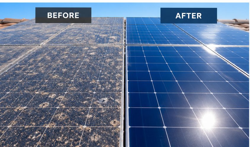 Before and after comparison of dirty versus freshly cleaned solar panels