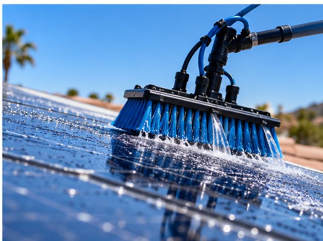 Close-up of a water-fed brush cleaning a solar panel