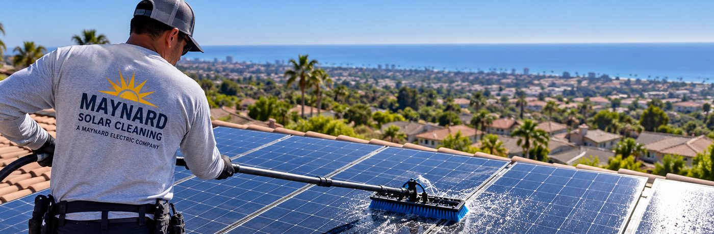 Maynard Solar Cleaning technician washing rooftop solar panels overlooking the San Diego coast
